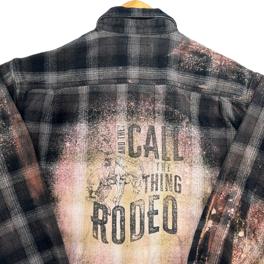 VTG St Johns Bay Flannel Shirt Rodeo Graphic Bleached Distressed Plaid L 90s